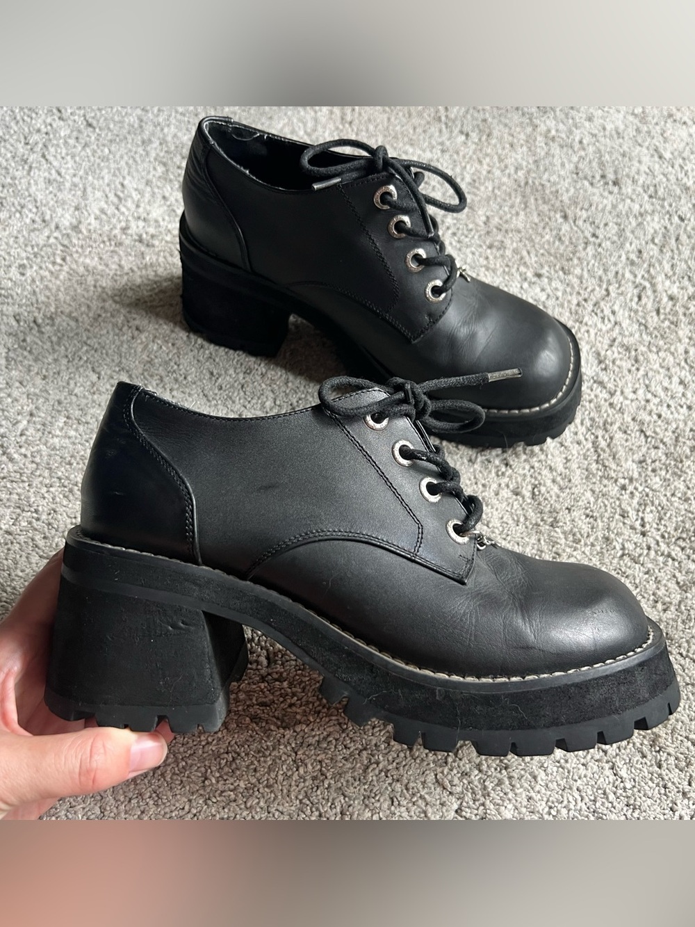 UNIF Size 8 Lace Up Shoe Black Leather Chunky Platform Lug Sole Oxfords Y2k
